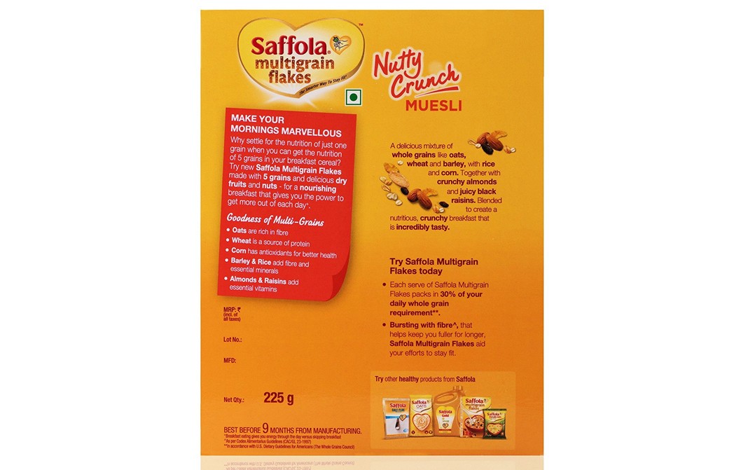 Saffola Multigrain Flakes Nutty Crunch Muesli   Box  225 grams